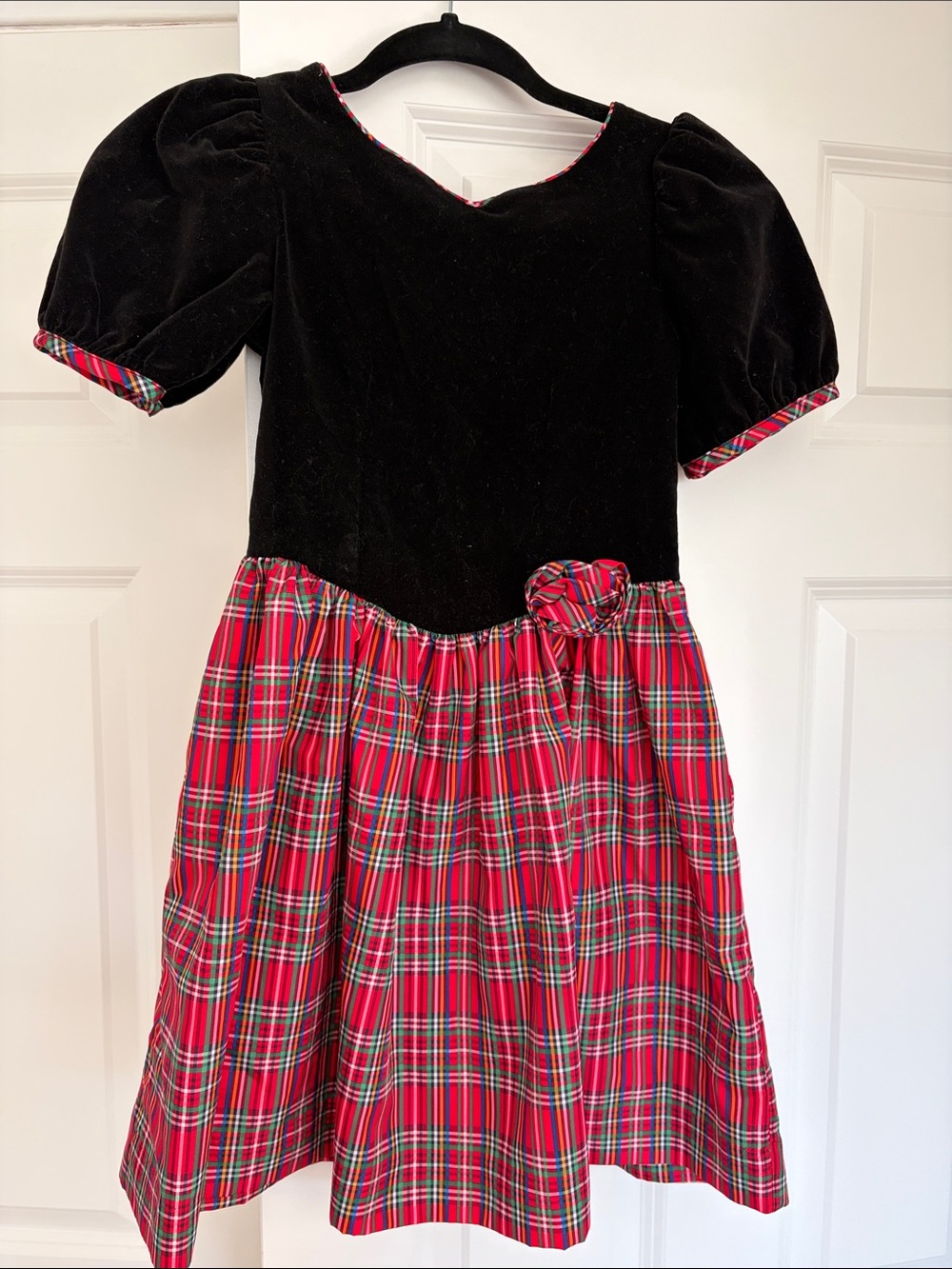 Black velvet/red tartan plaid girls holiday dress